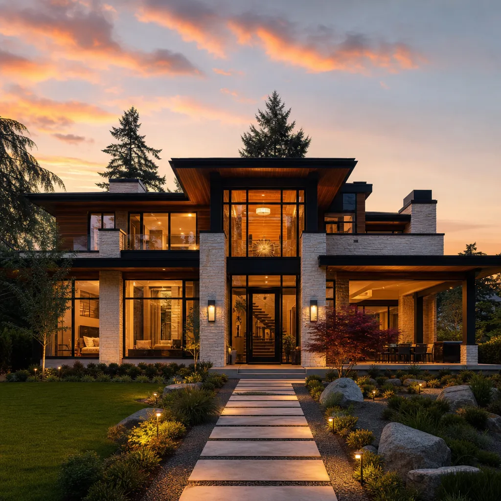 A modern custom luxury home at dusk with warm interior lighting